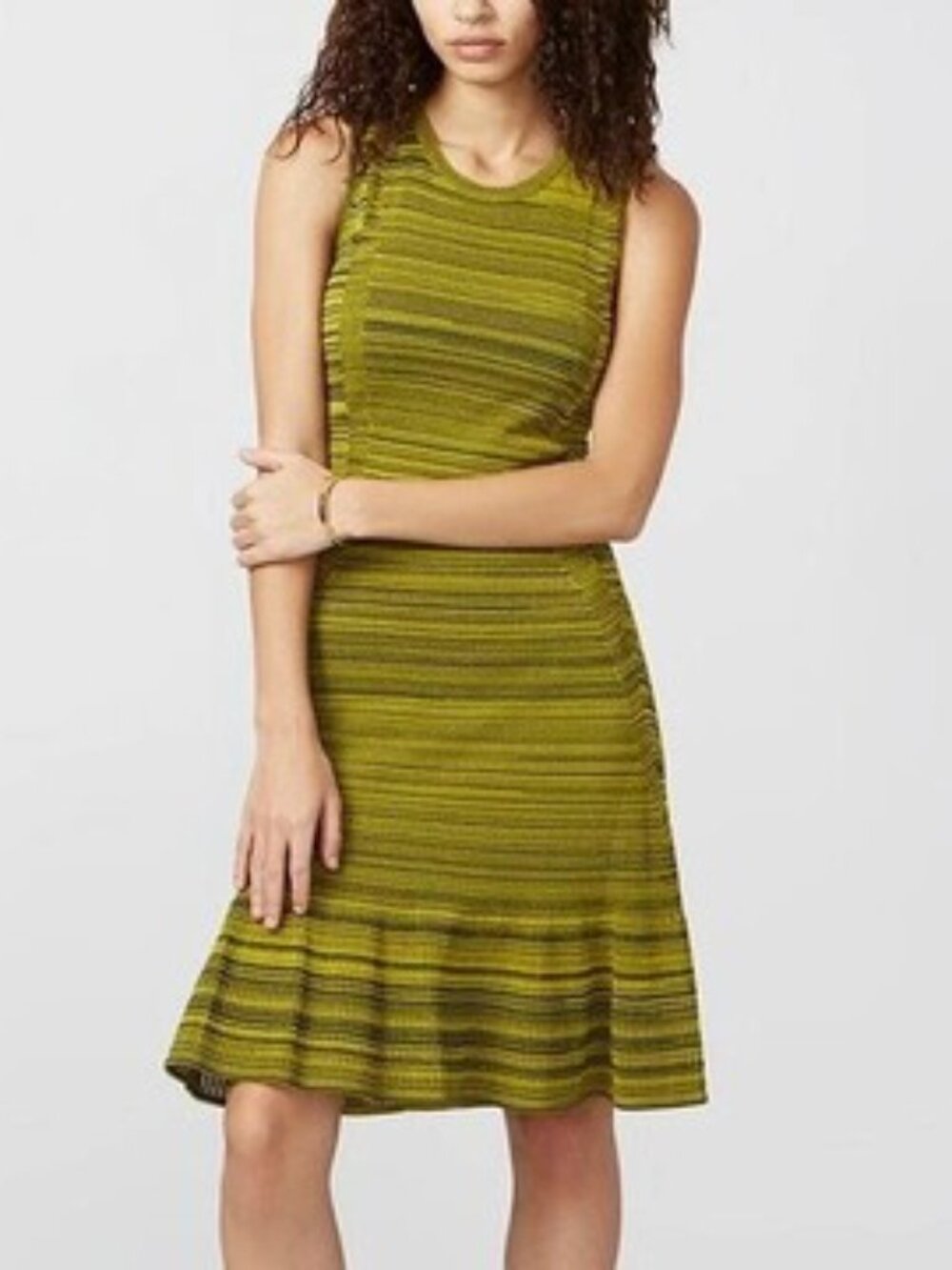 RACHEL ROY Black & Olive Green Variegated Stripe Flounce Hem Dress Small